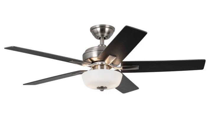 Kuzco CF78752-BN-LKW ceiling fan with brushed nickel housing, black blades and a bowl light