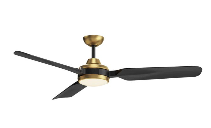 Kuzco CF95960-BG ceiling fan with brushed gold housing, three black blades and a round light