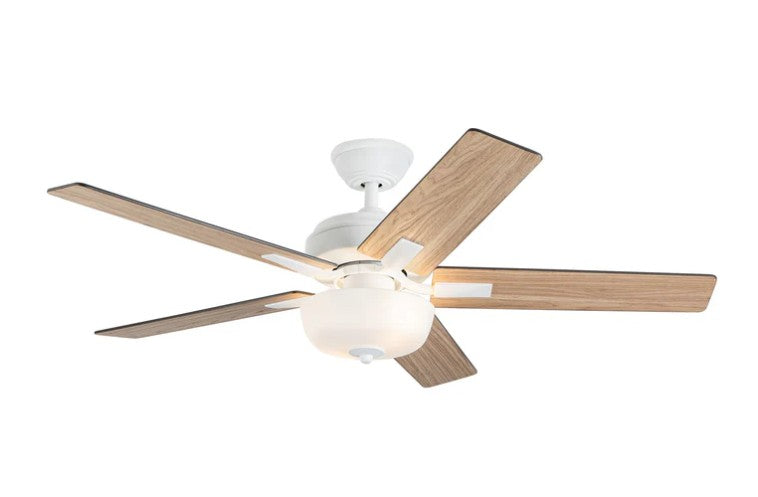 Kuzco CF78752-WH-LKW ceiling fan with white housing, wood-tone blades and a bowl light