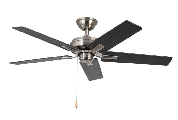 Kuzco CF78752-BN-NLP ceiling fan with brushed nickel housing, five black blades and a pull chain