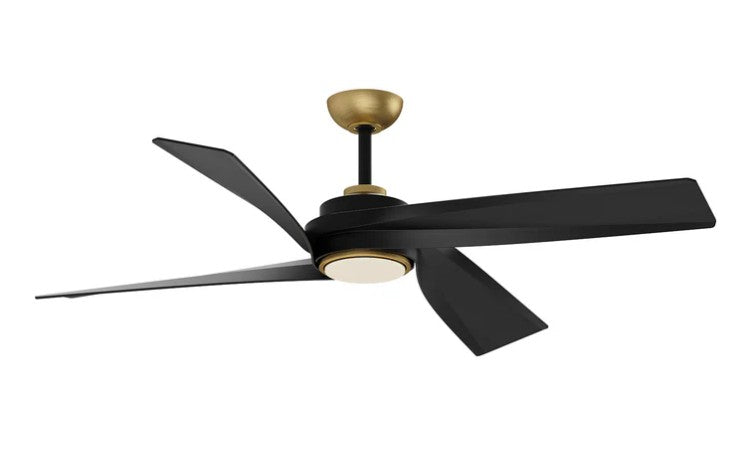 Kuzco CF96956-BG ceiling fan with brushed gold accents, black blades and a round light