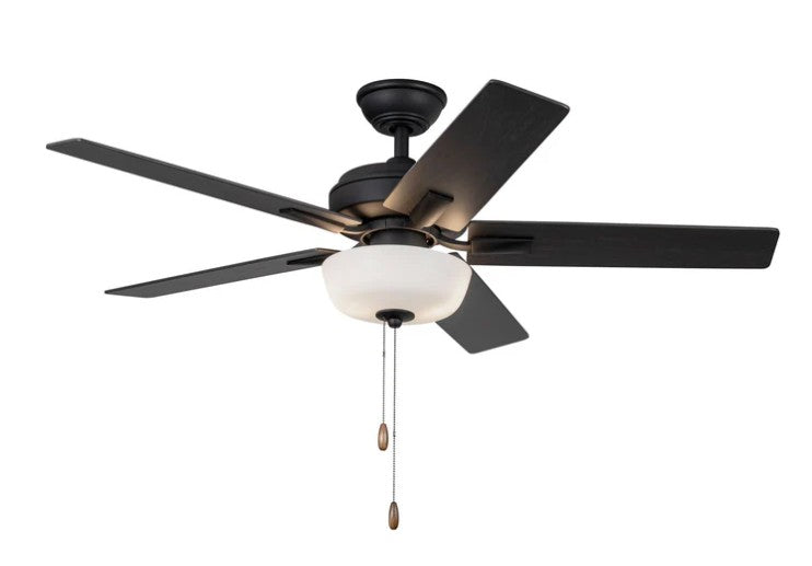 Kuzco CF78752-MB-LKP ceiling fan with matte black housing, black blades, a bowl light and pull chains