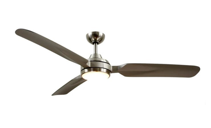Kuzco CF95960-BN ceiling fan with brushed nickel housing, three brown blades and a round light