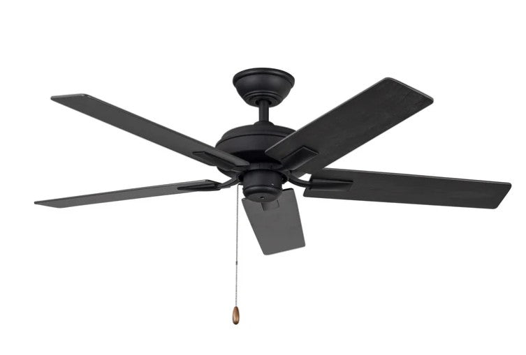 Kuzco CF78752-MB-NLP ceiling fan with matte black housing, five black blades and a pull chain