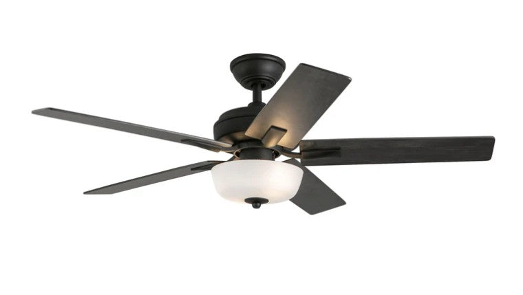 Kuzco CF78752-MB-LKW ceiling fan with matte black housing, black blades and a bowl light