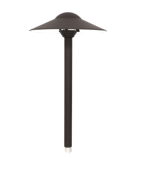 A modern outdoor landscape light with a dark bronze-finished pole and a wide, dome-shaped shade, shown against a plain white background.