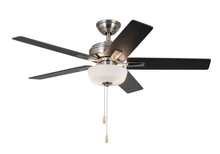 Kuzco CF78752-BN-LKP ceiling fan with brushed nickel housing, black blades, a bowl light and pull chains