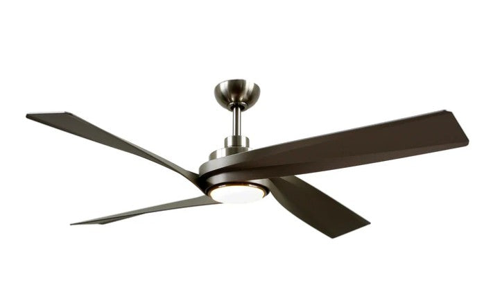 Kuzco CF96956-BN ceiling fan with brushed nickel housing, brown blades and a round light