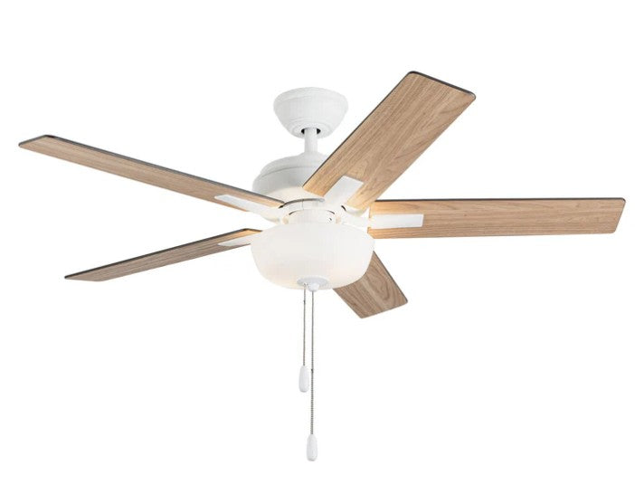 Kuzco CF78752-WH-LKP ceiling fan with white housing, wood-tone blades, a bowl light and pull chains