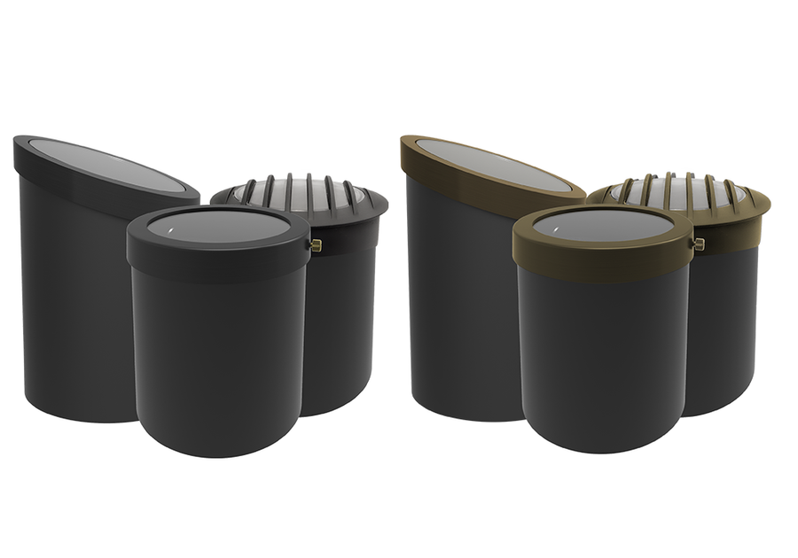 Brilliance Black Diamond PAR36 well light flat, angled, and grate top configurations in black and bronze