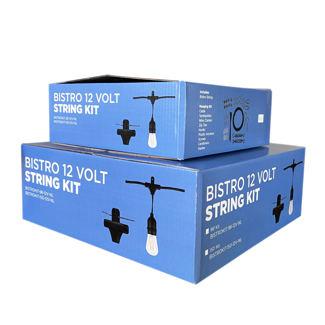 Brilliance 12V bistro string kit packaging for the 26, 50, 98 and 150-foot kit family