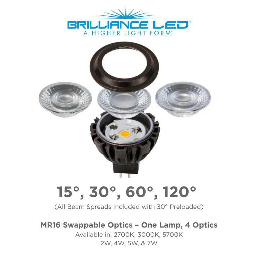 Brilliance MR16 Gen 6 Swaptics lamp with interchangeable beam-angle lenses