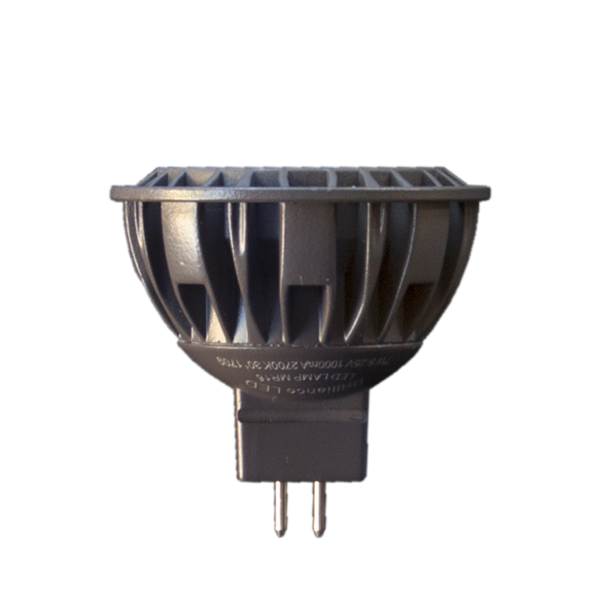 Brilliance traditional MR16 LED lamp side view showing the heat sink and bi-pin base