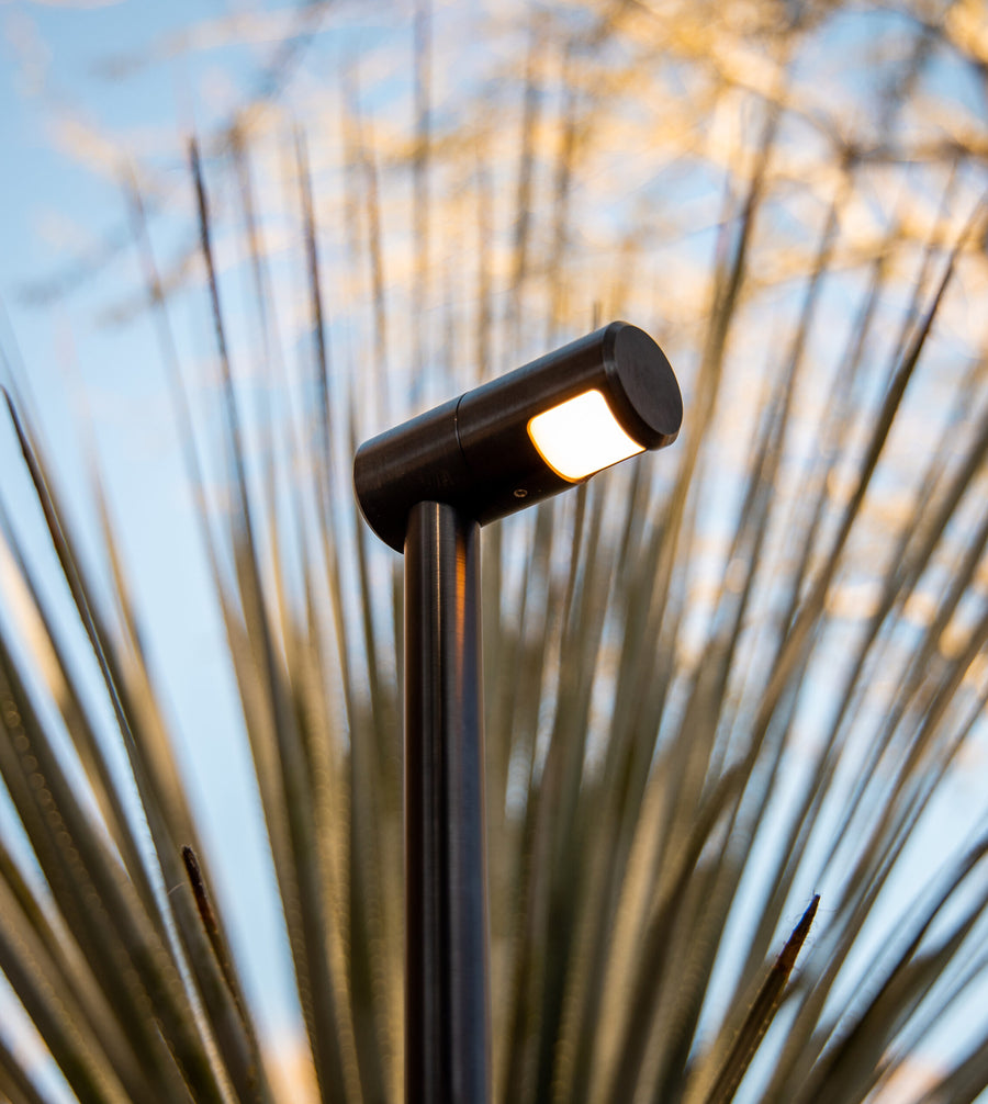 Brilliance Redwood path light in blackened brass installed in landscaping