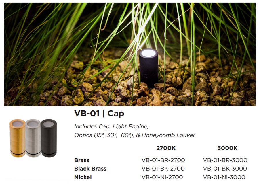 Brilliance Versa Beam VB-01 configuration showing the fixture, finish options, and installation example