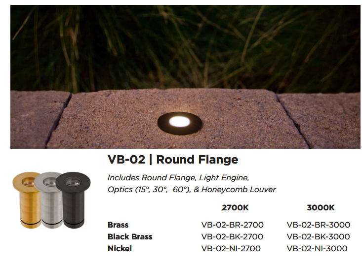 Brilliance Versa Beam VB-02 configuration showing the fixture, finish options, and installation example