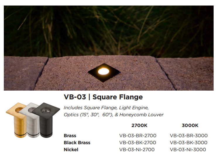 Brilliance Versa Beam VB-03 configuration showing the fixture, finish options, and installation example