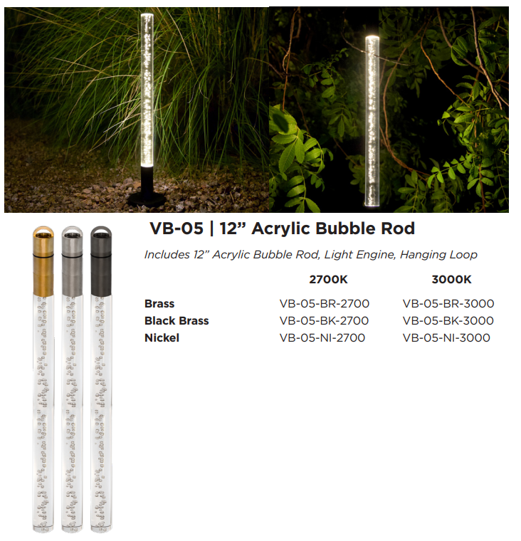 Brilliance Versa Beam VB-05 configuration showing the fixture, finish options, and installation example