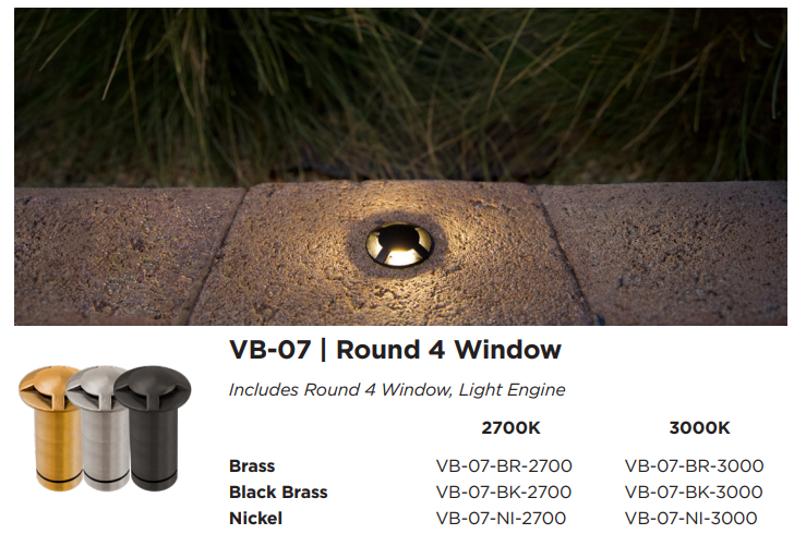 Brilliance Versa Beam VB-07 configuration showing the fixture, finish options, and installation example