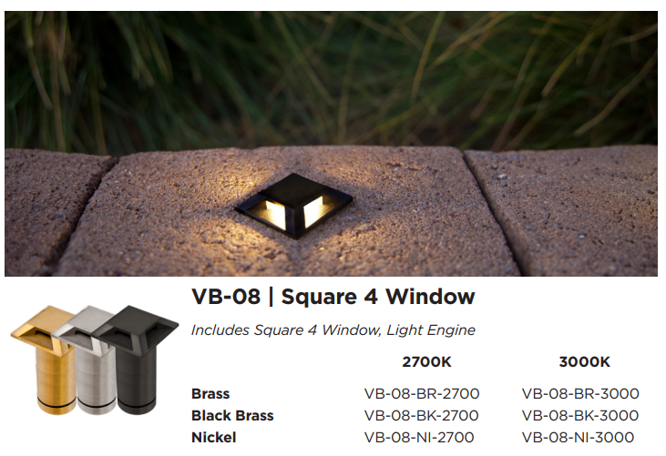Brilliance Versa Beam VB-08 configuration showing the fixture, finish options, and installation example