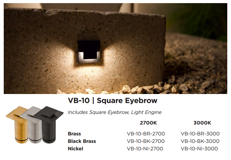 Brilliance Versa Beam VB-10 configuration showing the fixture, finish options, and installation example