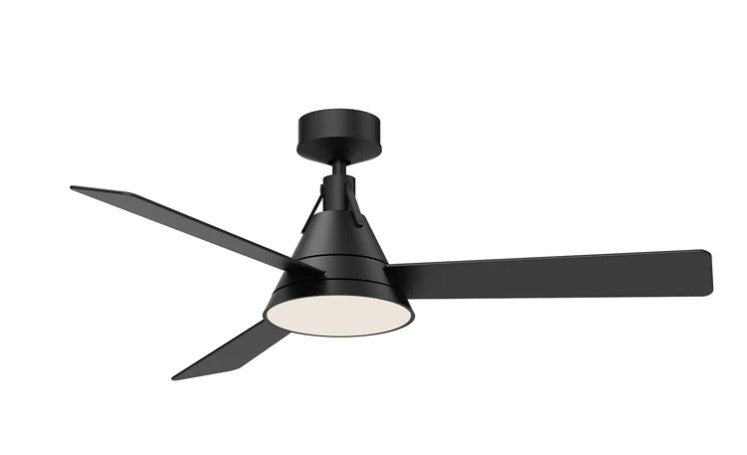 Kuzco CF584054MB ceiling fan with three black blades and a tapered light housing