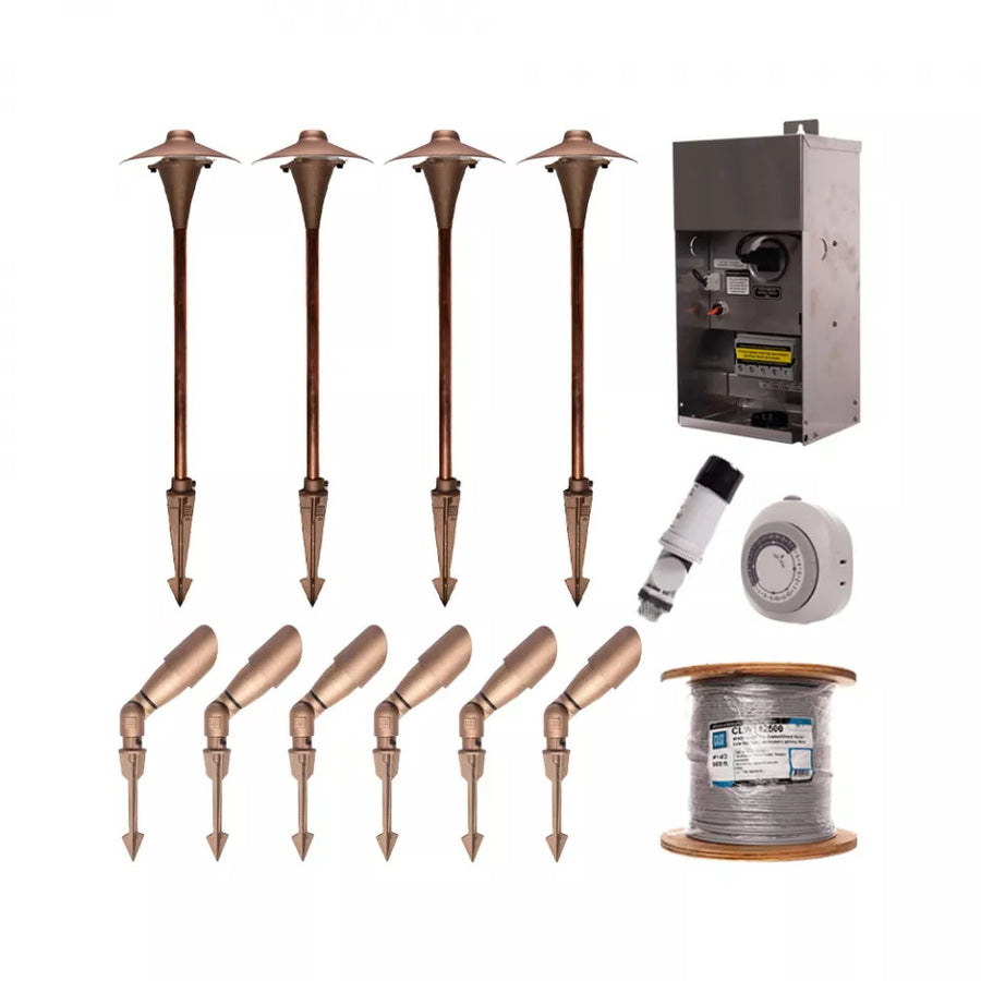 CAST CLCK1 Complete Classic low voltage landscape lighting kit with bronze path lights, MR16 spotlights, transformer, controls and wire