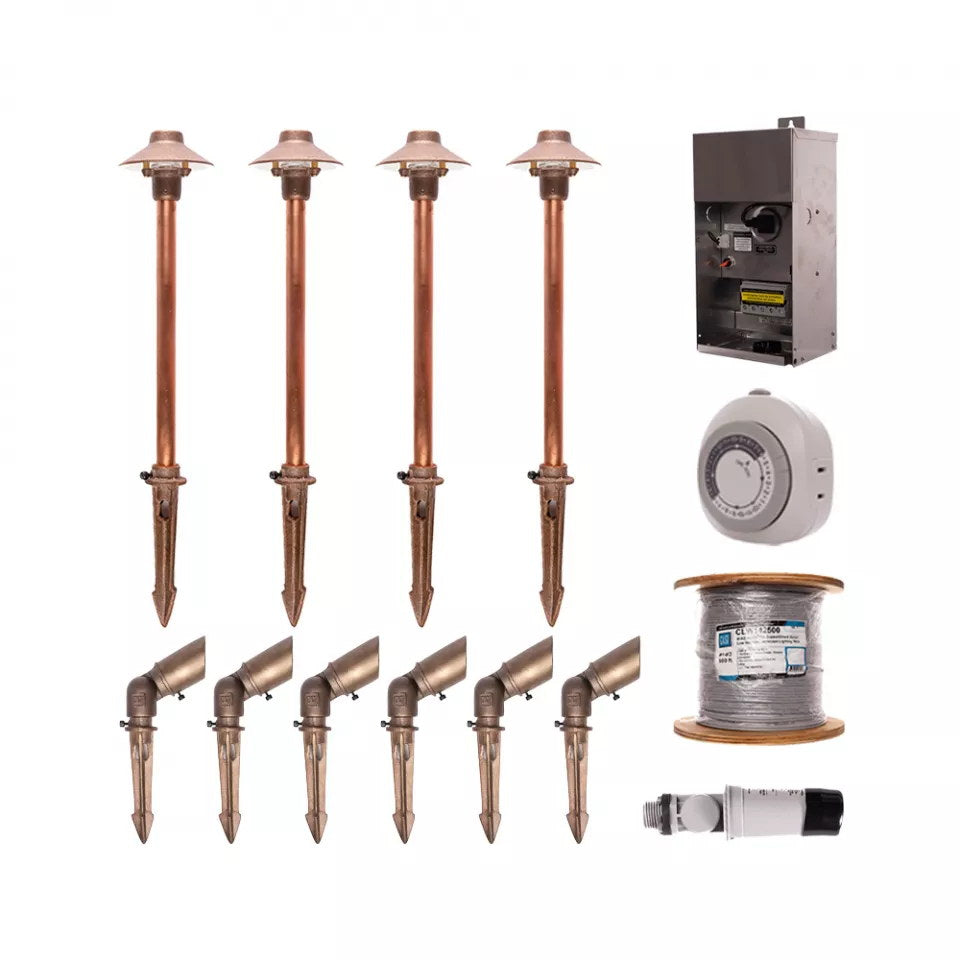 CAST CLCK2 Complete Compact low voltage landscape lighting kit with compact LED spotlights, Mini China Hat path lights, transformer, controls and wire