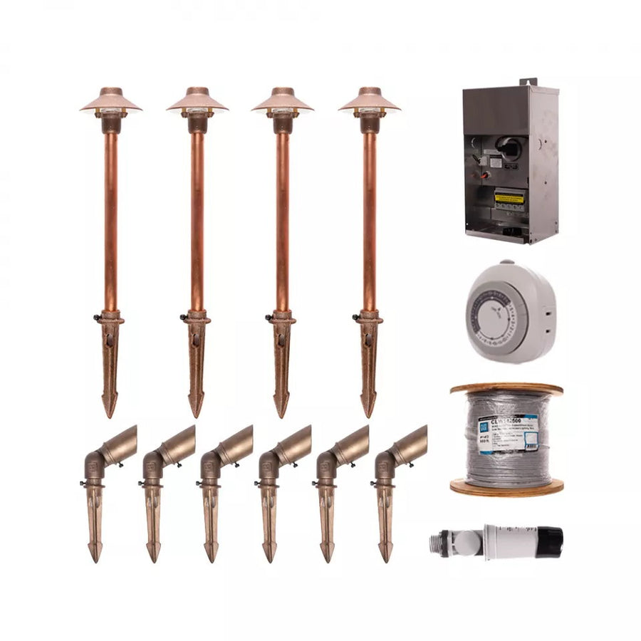 CAST CLCK2 Complete Compact low voltage landscape lighting kit with compact LED spotlights, Mini China Hat path lights, transformer, controls and wire
