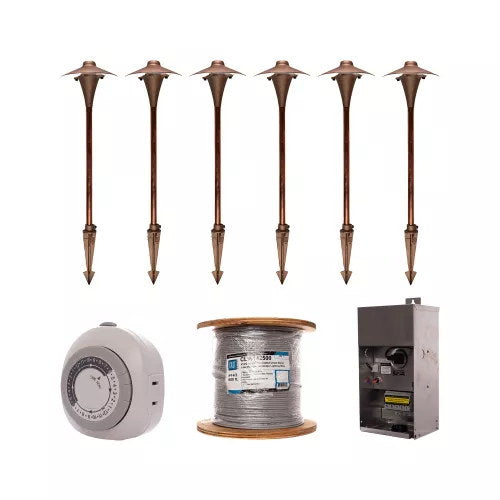CAST CLCK3 Walking Path complete low voltage landscape lighting kit with six bronze China Hat path lights, transformer, controls and wire