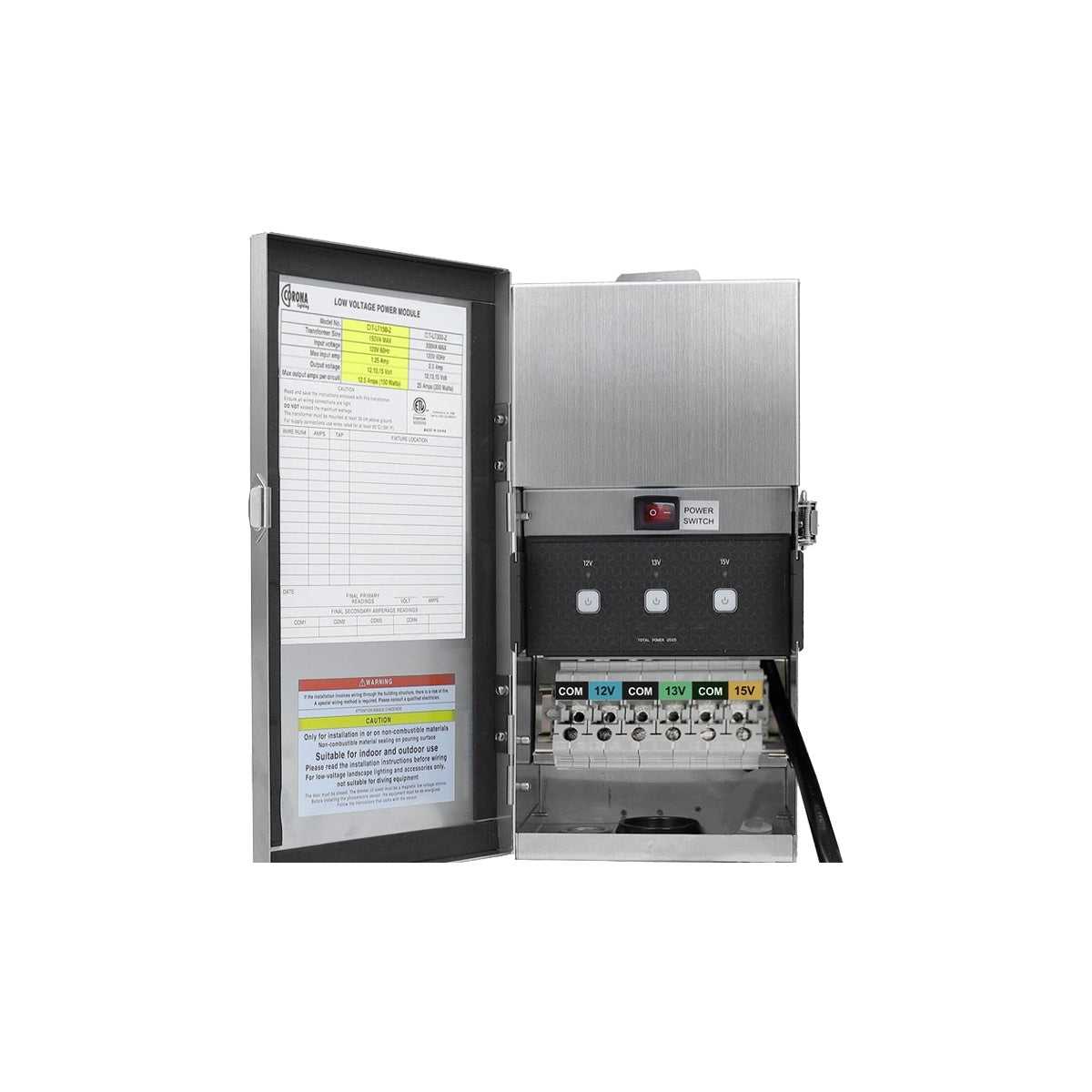 Corona Lighting T-LT150-Z 150W landscape lighting transformer with open stainless steel cabinet and 12V, 13V and 15V terminals