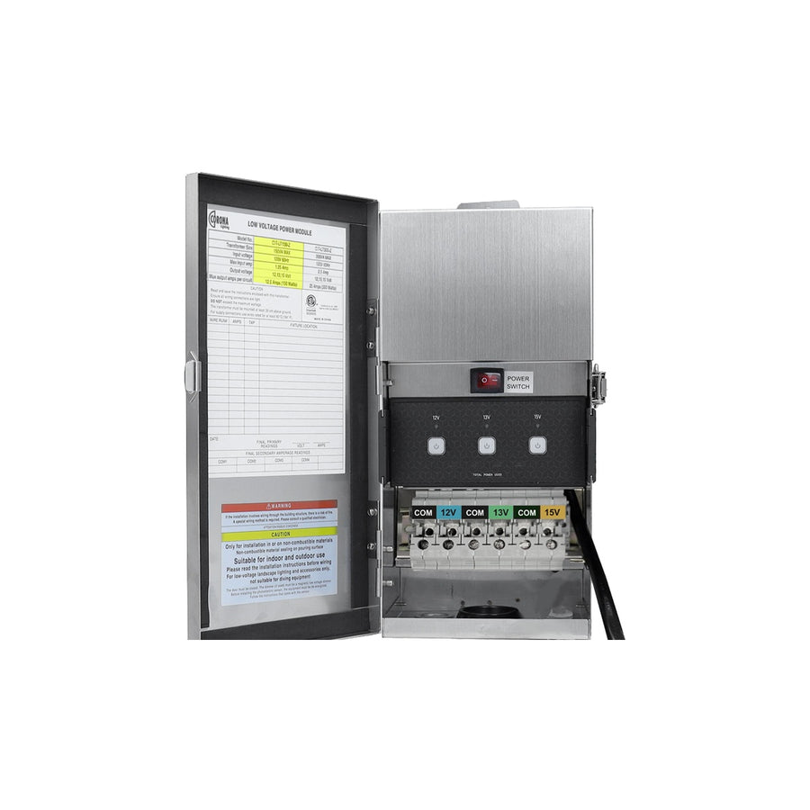 Corona Lighting T-LT300-Z landscape lighting transformer with open stainless steel cabinet and 12V, 13V and 15V terminals
