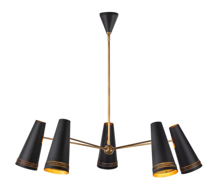 Kuzco CH342545MBHL Brickell 45-in Matte Black/Hazelnut Leather 5 Lights Chandeliers - Atlantic Lighting