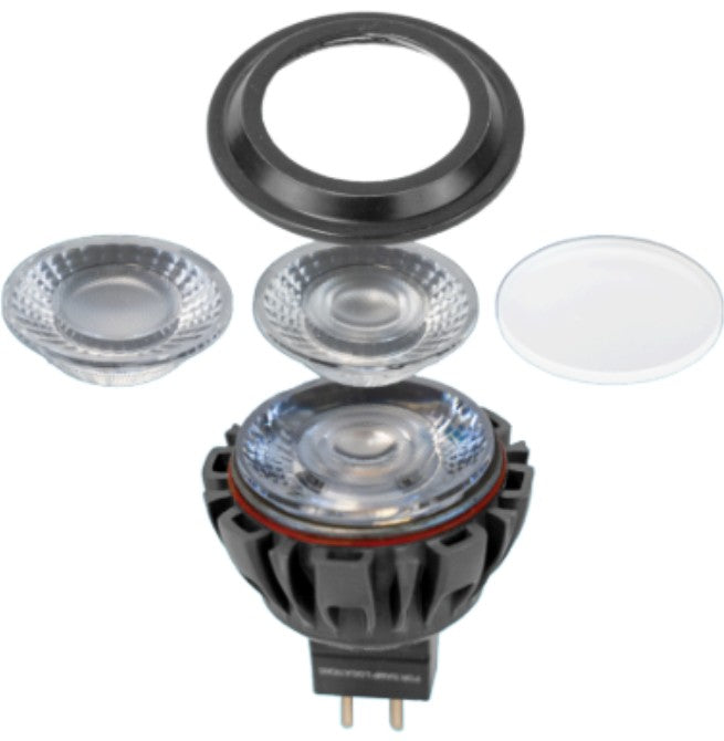 Brilliance Gen 6 MR16 lamp with installed lens, three loose optics, and removable retaining ring