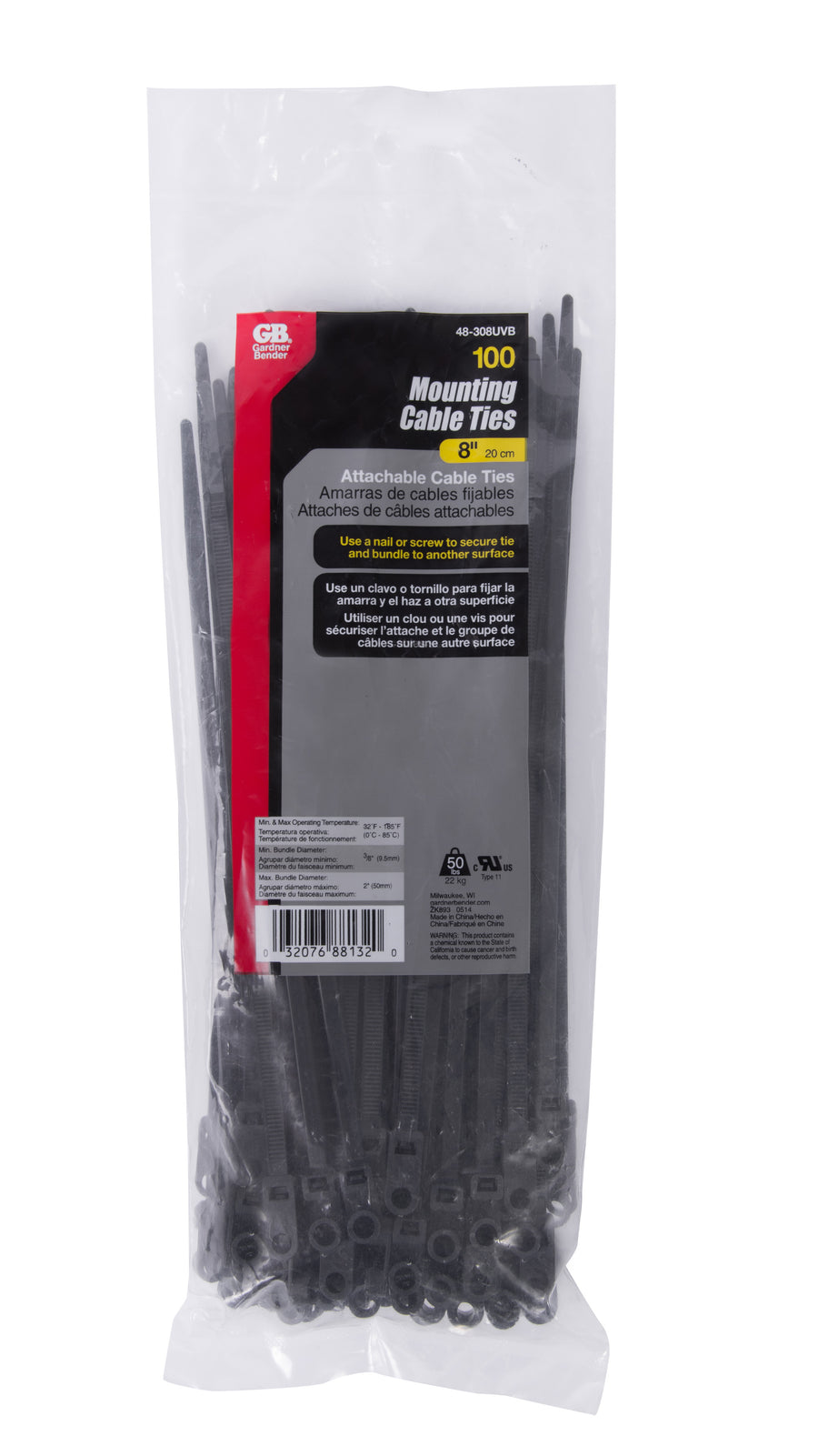 Gardner Bender 48-308UVB mounting cable ties in 100-count package