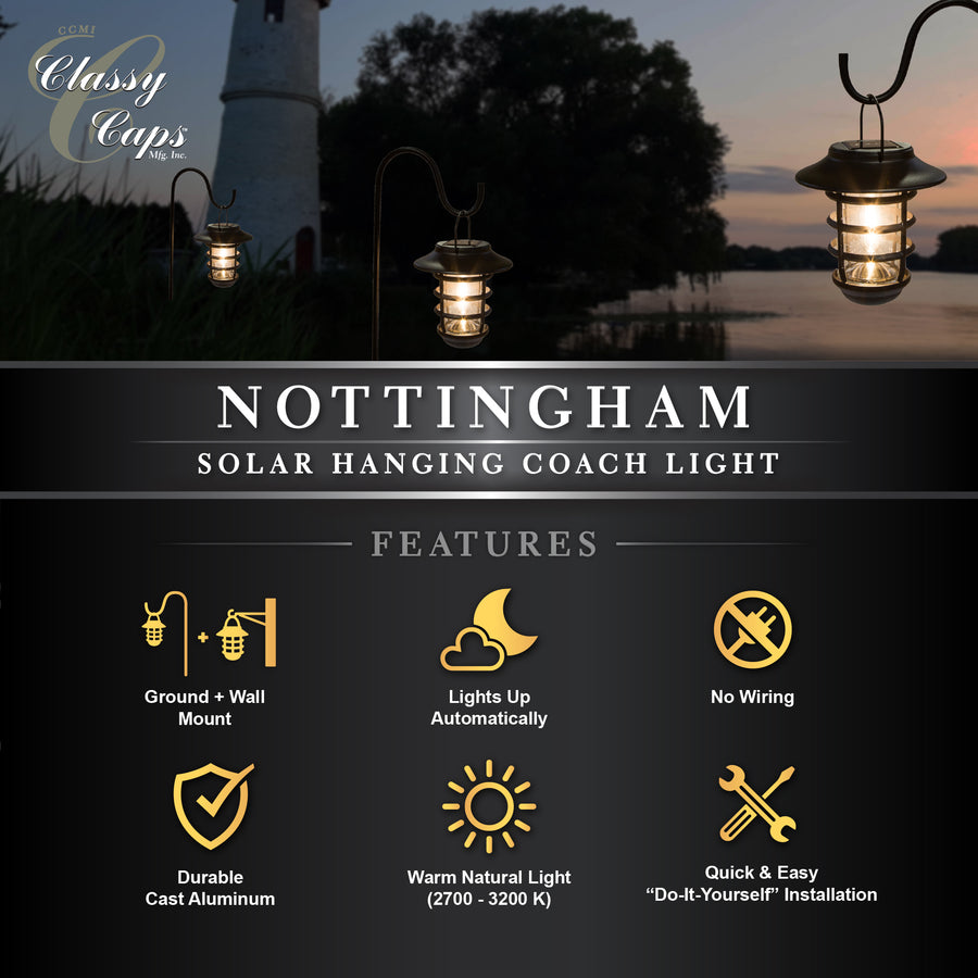 Classy Caps SHW553 Black Aluminum Nottingham Solar Hanging Coach Light - Atlantic Lighting