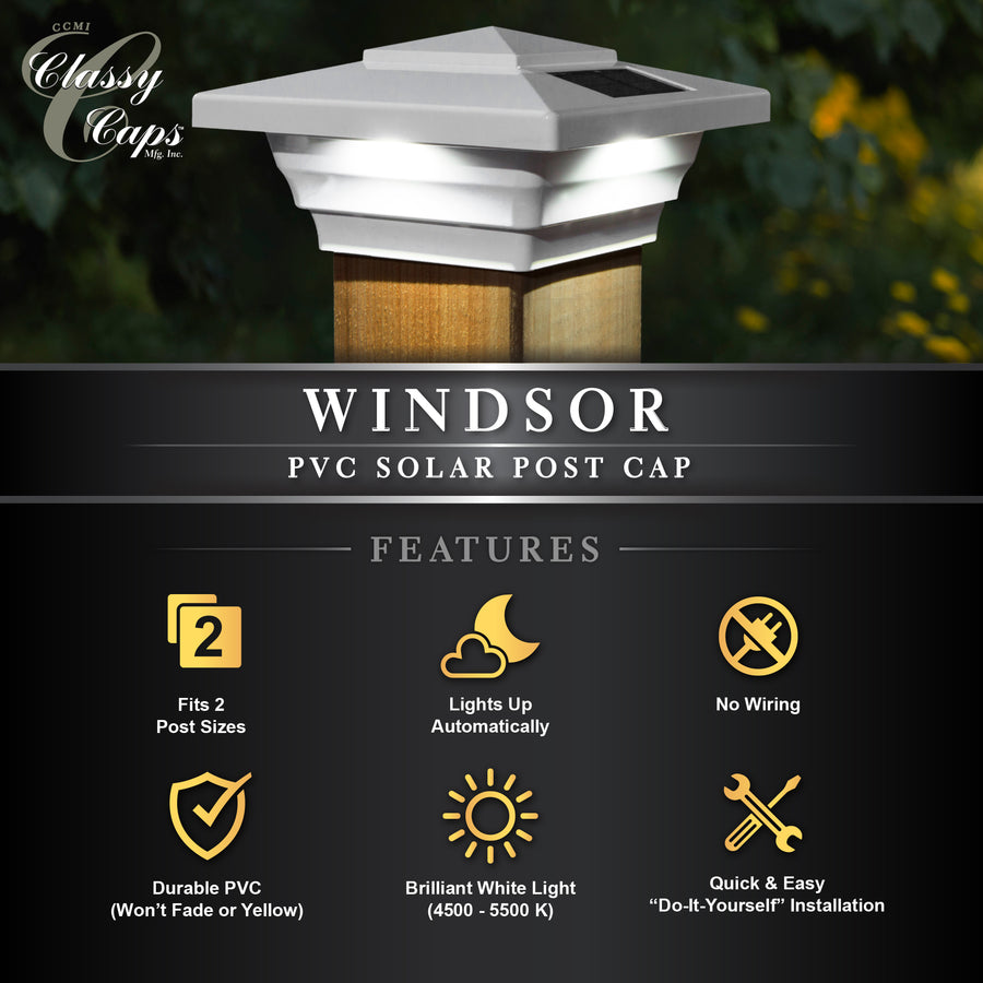 Classy Caps SL4400 4X4 White Pvc Windsor Solar Post Cap - Atlantic Lighting