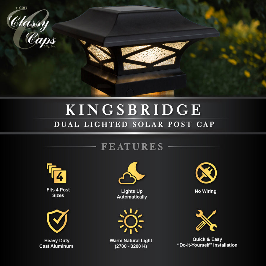 Classy Caps SLK807B Kingsbridge Black Dual Lighted Solar Post Cap - Atlantic Lighting