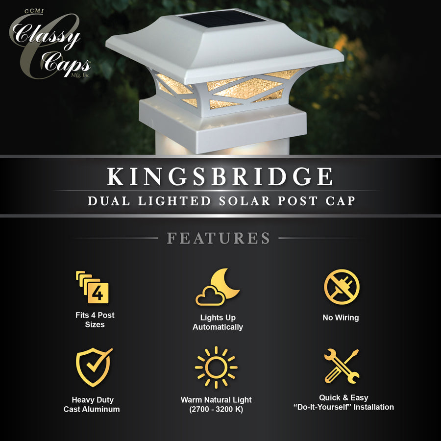 Classy Caps SLK807W Kingsbridge White Dual Lighted Solar Post Cap - Atlantic Lighting