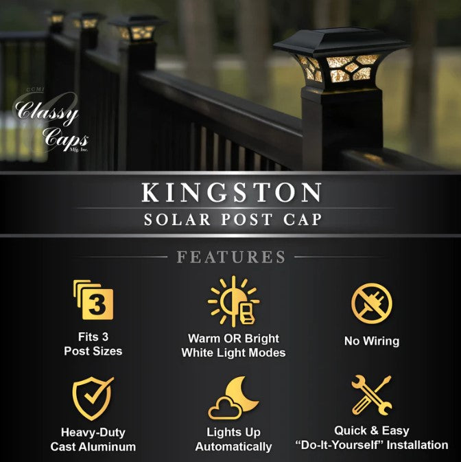 Classy Caps SLZ332B Kingston Black Dual Lighted Solar Post Cap - Atlantic Lighting