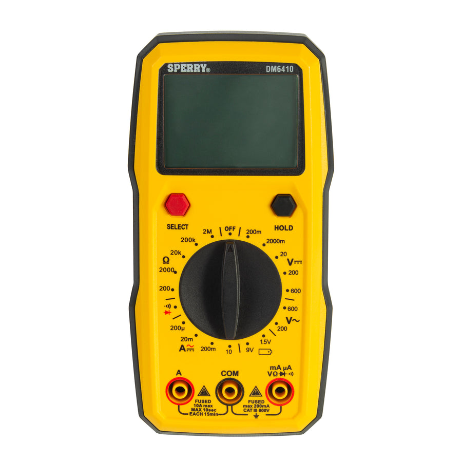 Sperry Instruments DM6410 yellow 8-function digital multimeter with LCD display and rotary selector
