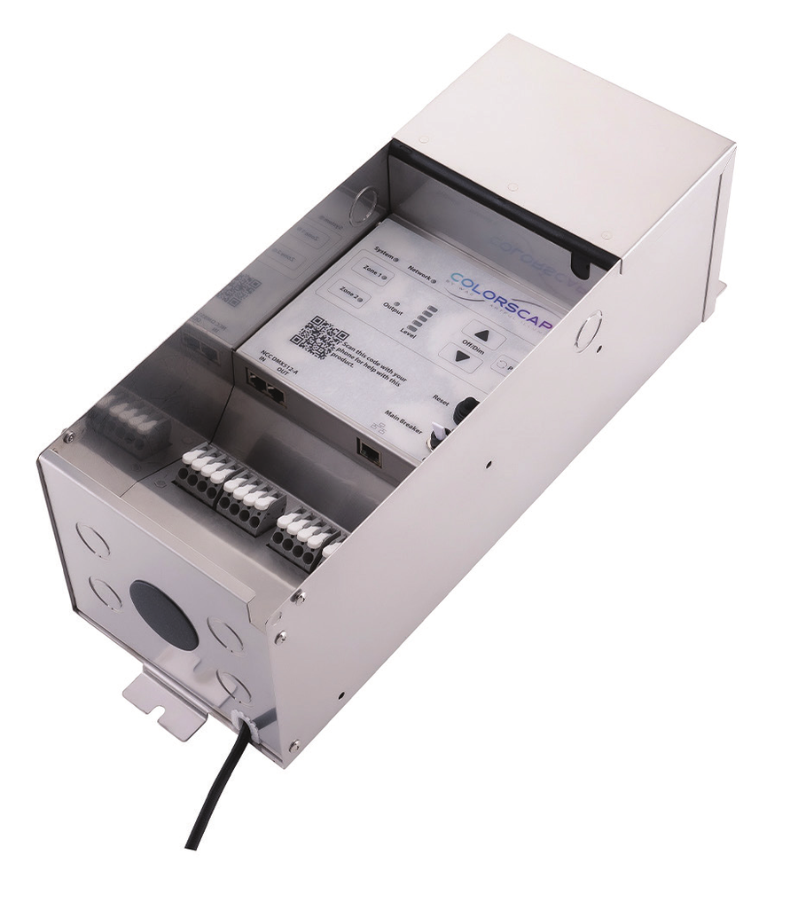 Open WAC Colorscaping transformer showing control panel and wiring terminals
