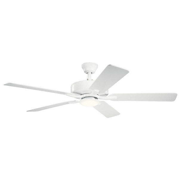 Kichler 330019MWH ceiling fan with five matte white blades and a round light
