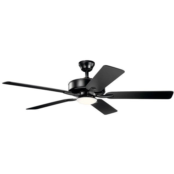 Kichler 330019SBK ceiling fan with five satin black blades and a round light