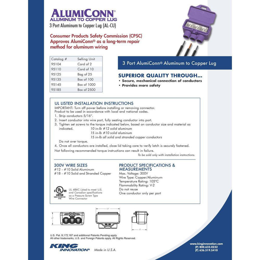 King Innovation 95185 AlumiConn 3-Port Al/Cu Wire Connectors (2500-Pack) - Atlantic Lighting